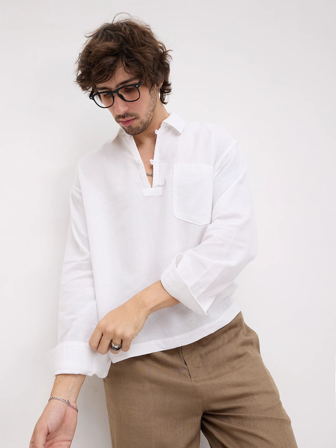 Frost White Sheer Textured Linen Blend Loop Button Oversized Shirt