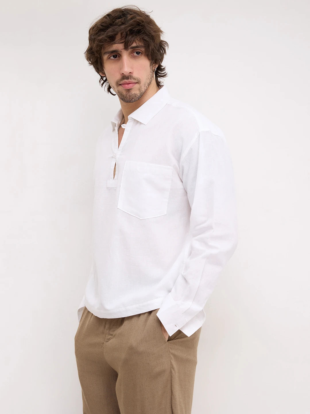 Frost White Sheer Textured Linen Blend Loop Button Oversized Shirt
