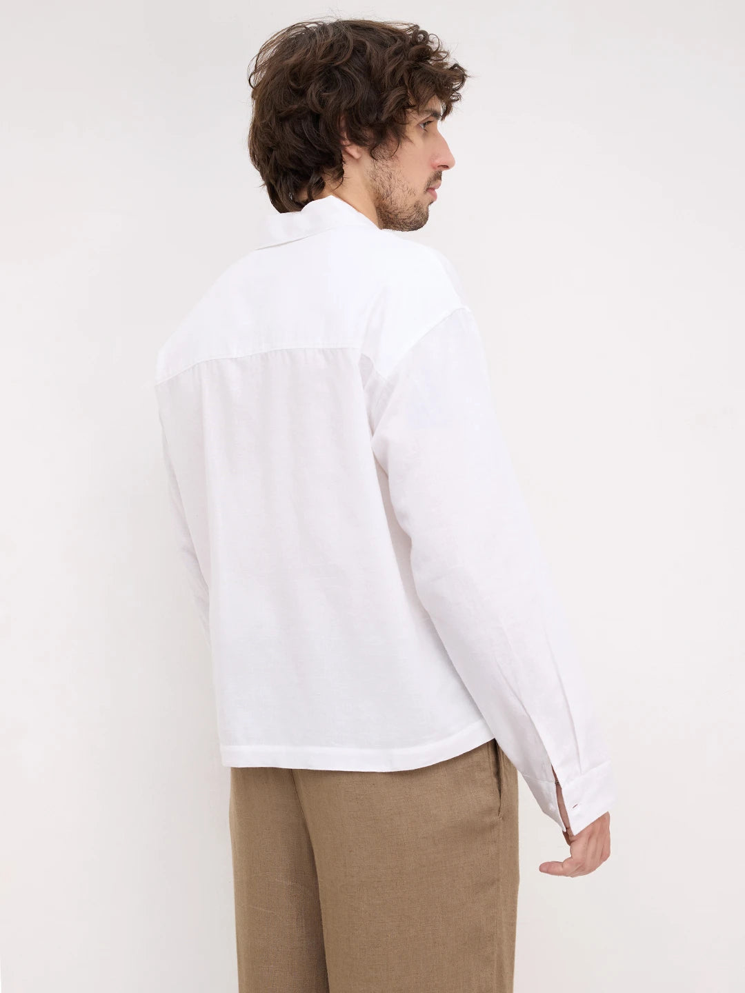 Frost White Sheer Textured Linen Blend Loop Button Oversized Shirt