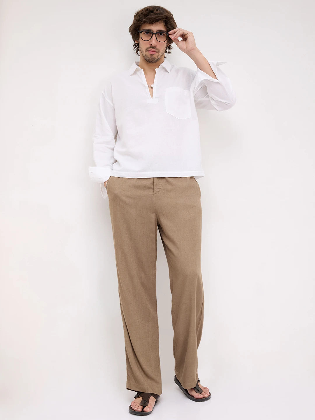 Frost White Sheer Textured Linen Blend Loop Button Oversized Shirt