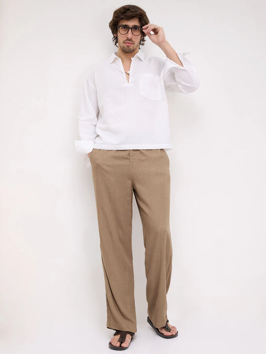 Frost White Sheer Textured Linen Blend Loop Button Oversized Shirt