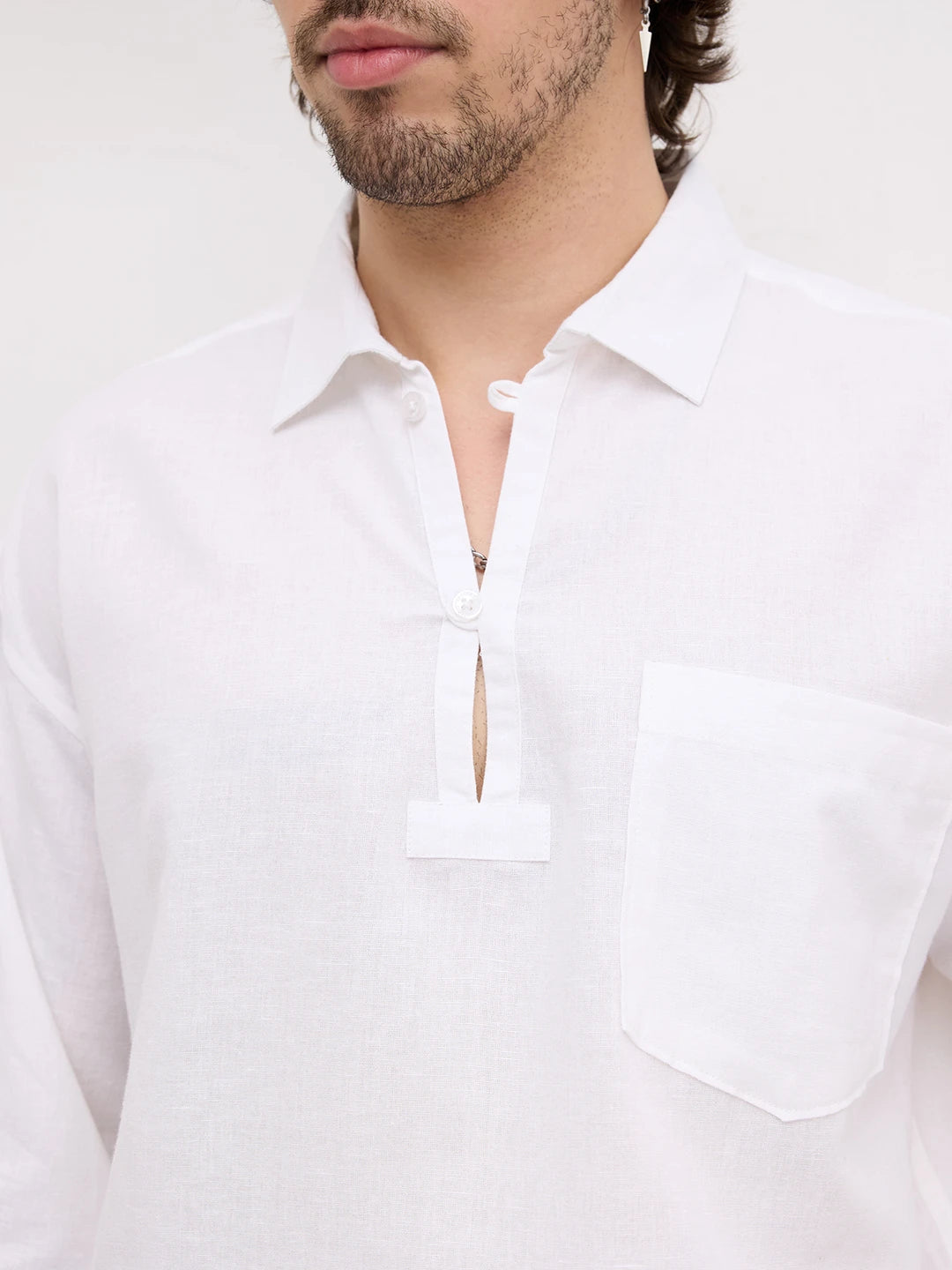 Frost White Sheer Textured Linen Blend Loop Button Oversized Shirt