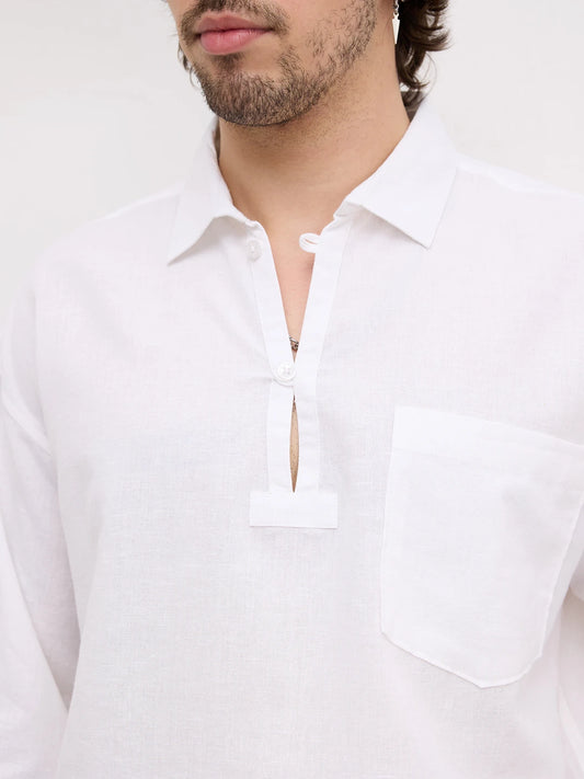 Frost White Sheer Textured Linen Blend Loop Button Oversized Shirt