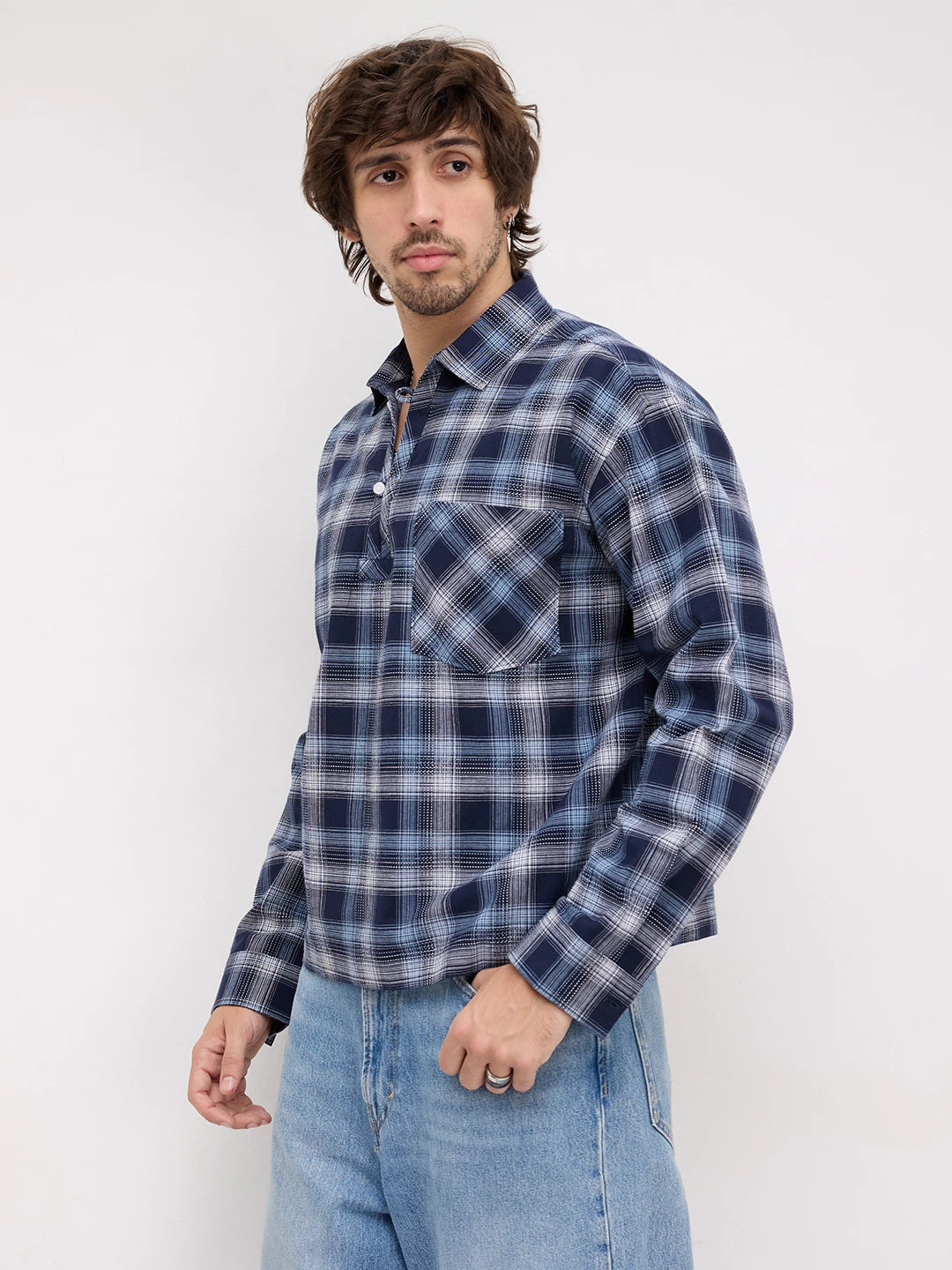 Midnight Navy Multi-Scale Architectural Plaid Checks Loop Button Oversized Shirt
