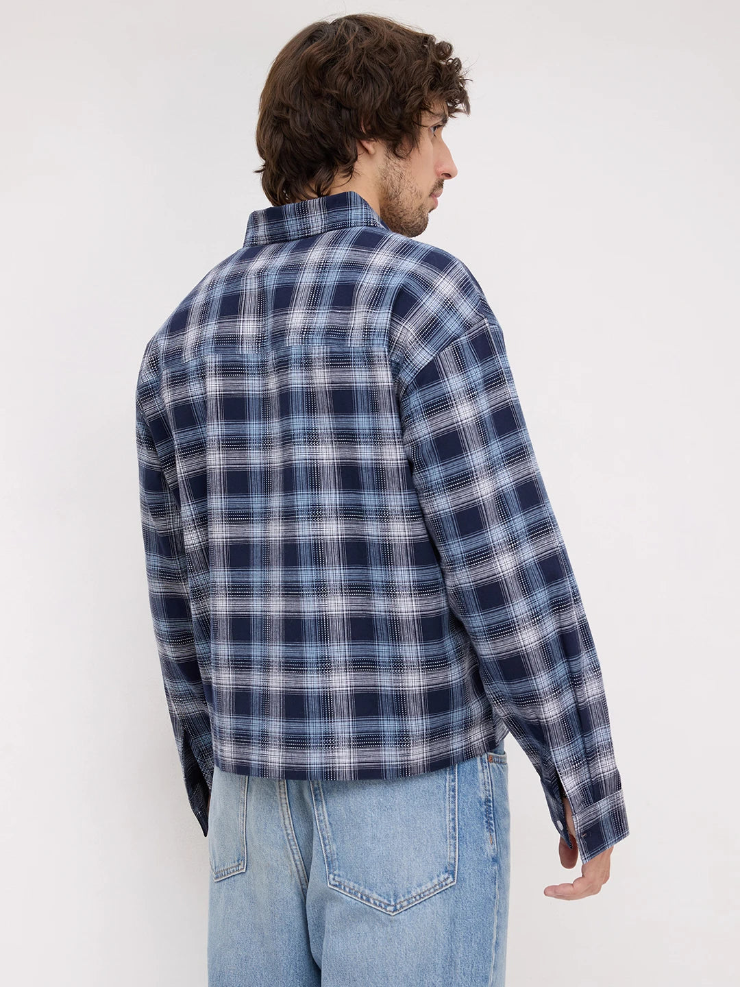 Midnight Navy Multi-Scale Architectural Plaid Checks Loop Button Oversized Shirt