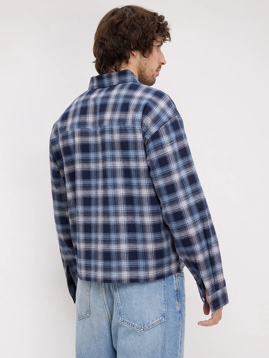 Midnight Navy Multi-Scale Architectural Plaid Checks Loop Button Oversized Shirt