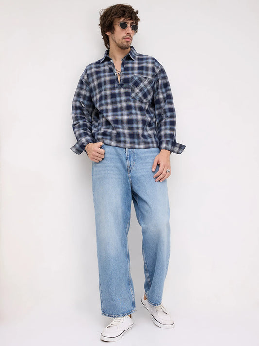 Midnight Navy Multi-Scale Architectural Plaid Checks Loop Button Oversized Shirt