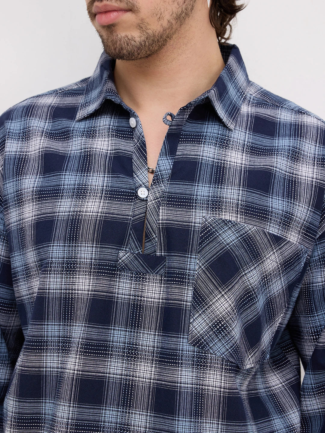 Midnight Navy Multi-Scale Architectural Plaid Checks Loop Button Oversized Shirt