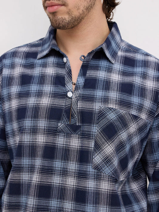 Midnight Navy Multi-Scale Architectural Plaid Checks Loop Button Oversized Shirt