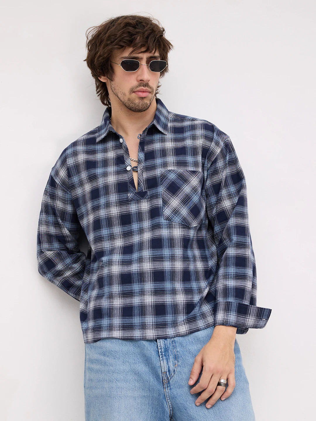 Midnight Navy Multi-Scale Architectural Plaid Checks Loop Button Oversized Shirt