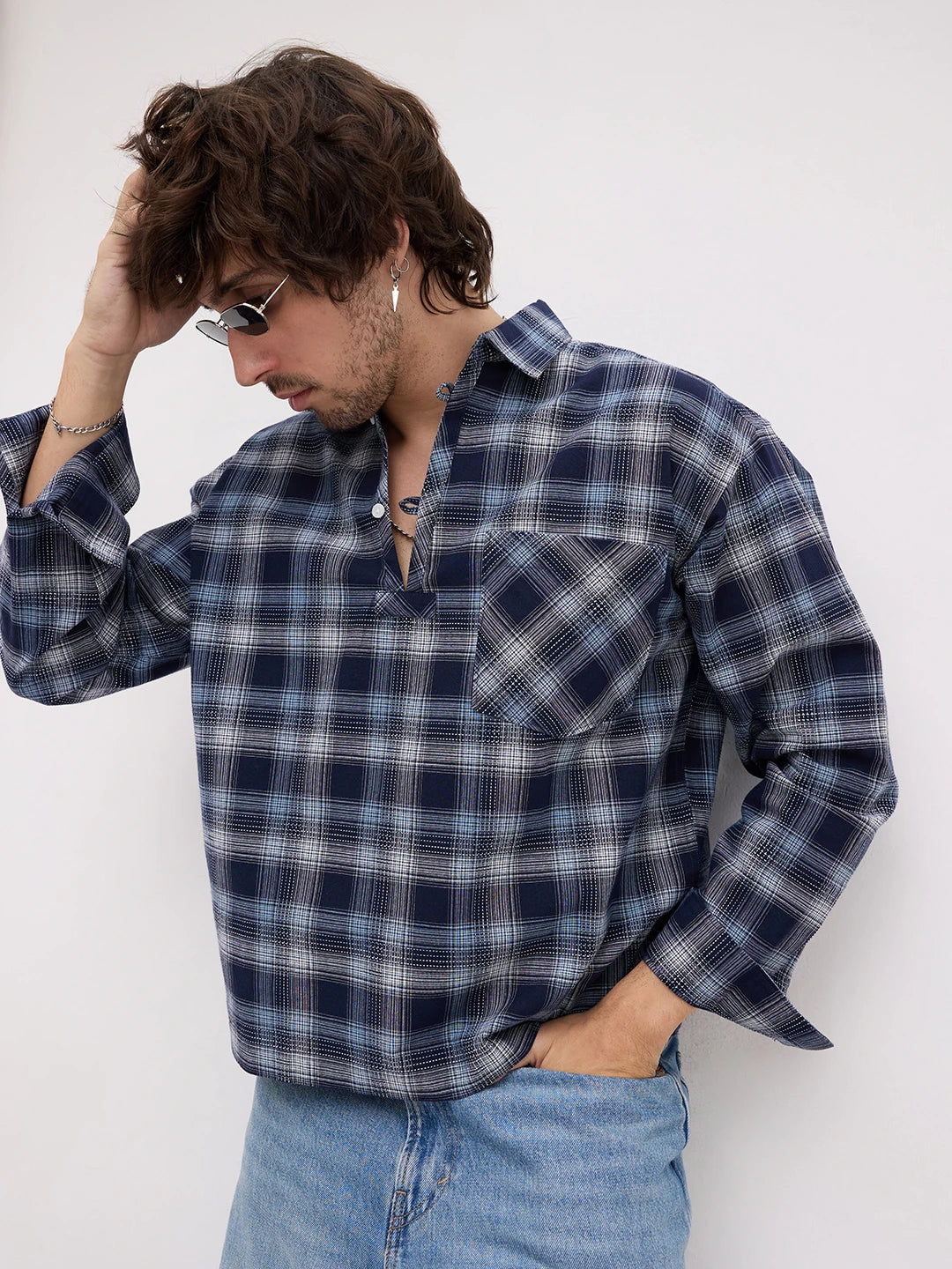 Midnight Navy Multi-Scale Architectural Plaid Checks Loop Button Oversized Shirt
