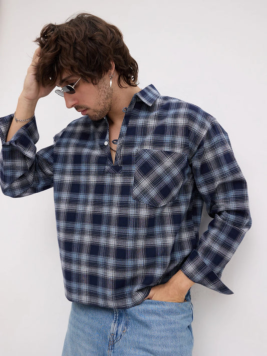 Midnight Navy Multi-Scale Architectural Plaid Checks Loop Button Oversized Shirt