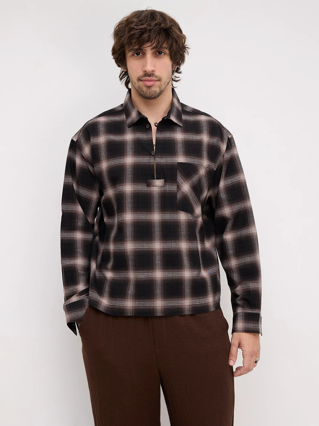Distinctive Black & Brown Shadowline Textured Checks Loop Button Oversized Shirt