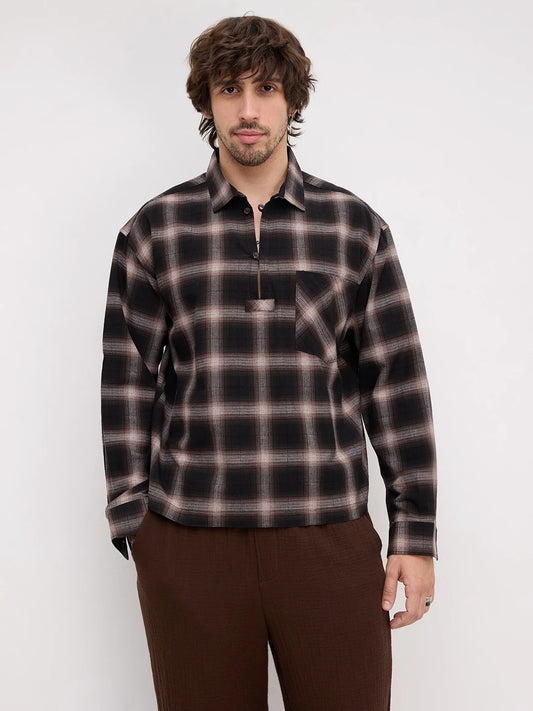 Distinctive Black & Brown Shadowline Textured Checks Loop Button Oversized Shirt