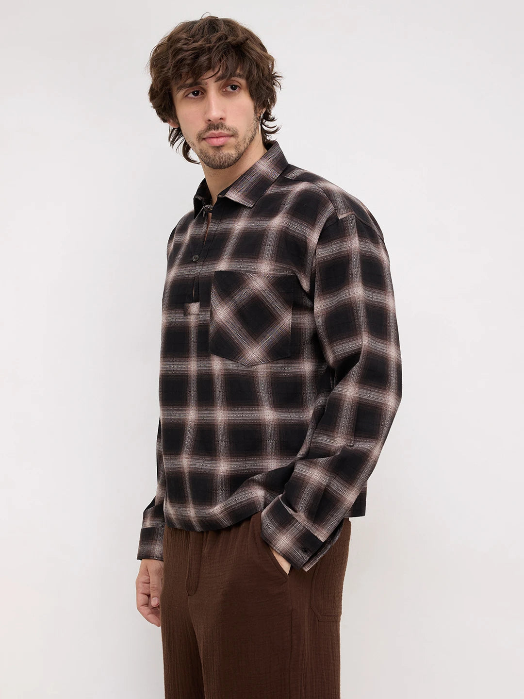 Distinctive Black & Brown Shadowline Textured Checks Loop Button Oversized Shirt