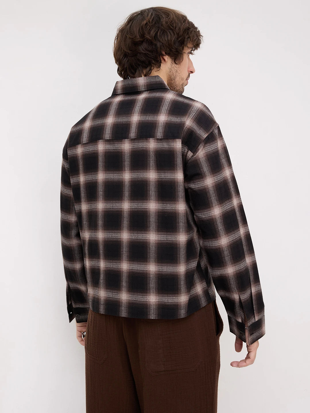 Distinctive Black & Brown Shadowline Textured Checks Loop Button Oversized Shirt