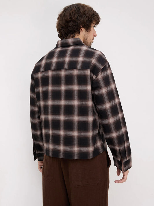 Distinctive Black & Brown Shadowline Textured Checks Loop Button Oversized Shirt