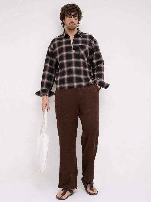 Distinctive Black & Brown Shadowline Textured Checks Loop Button Oversized Shirt