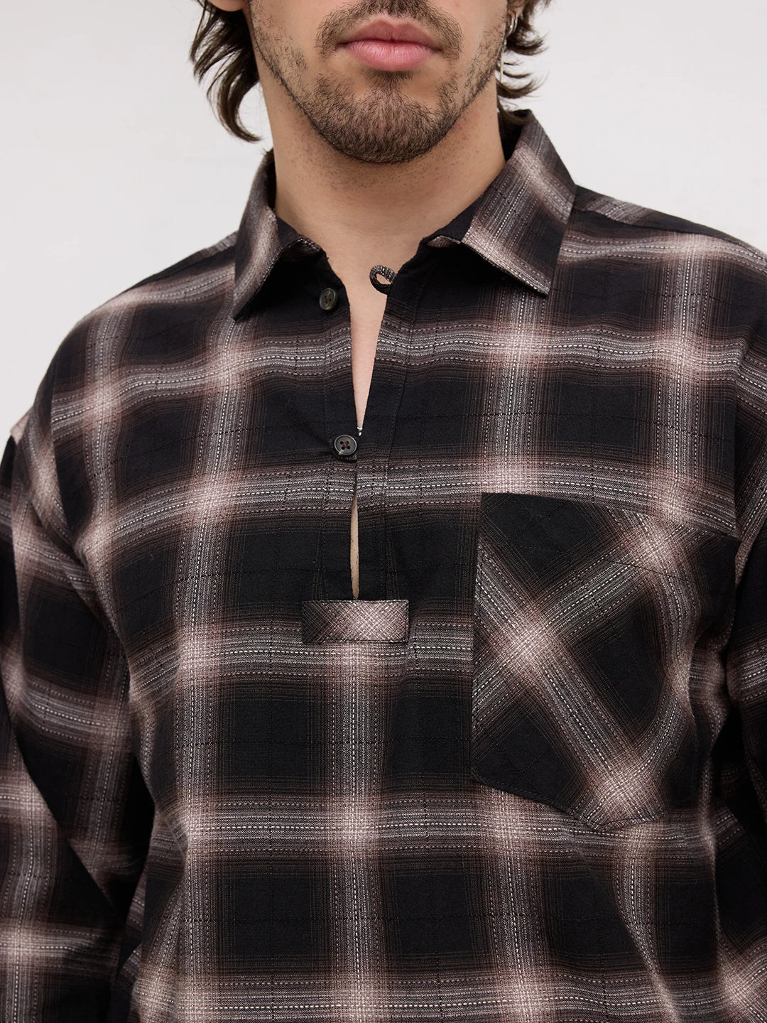 Distinctive Black & Brown Shadowline Textured Checks Loop Button Oversized Shirt