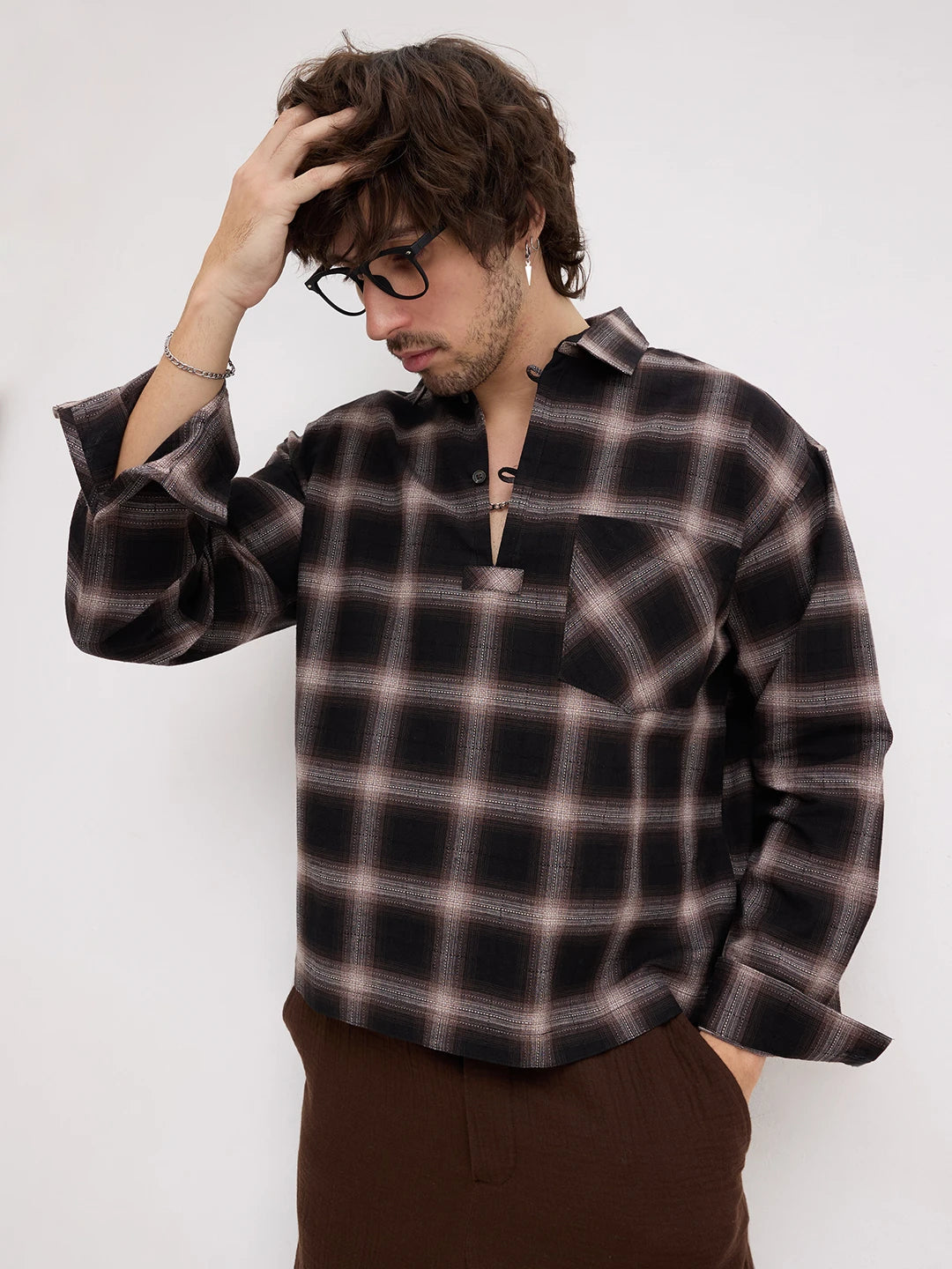 Distinctive Black & Brown Shadowline Textured Checks Loop Button Oversized Shirt