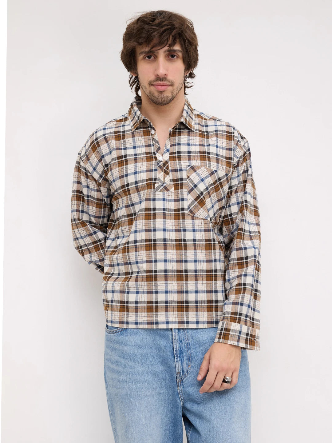 Rustic Artisan Thread-work Grid Checks Loop Button Oversized Shirt