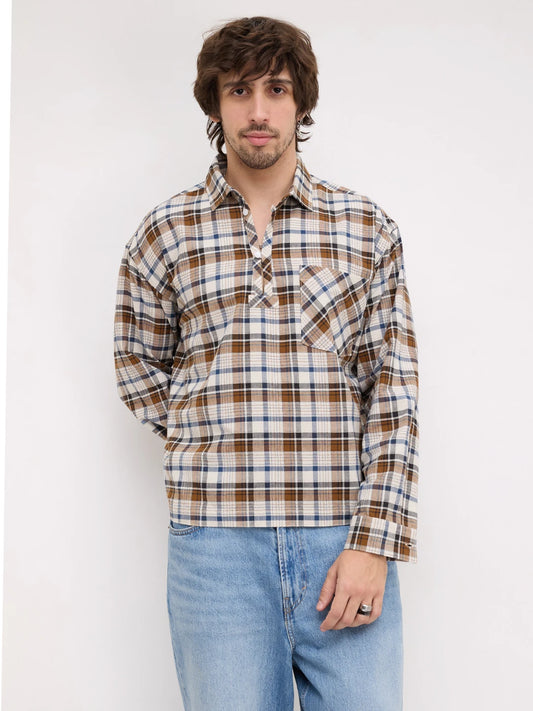 Rustic Artisan Thread-work Grid Checks Loop Button Oversized Shirt