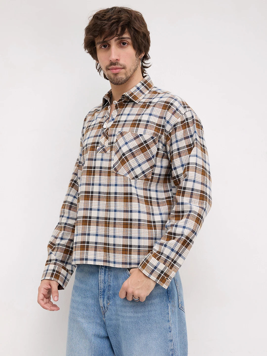 Rustic Artisan Thread-work Grid Checks Loop Button Oversized Shirt