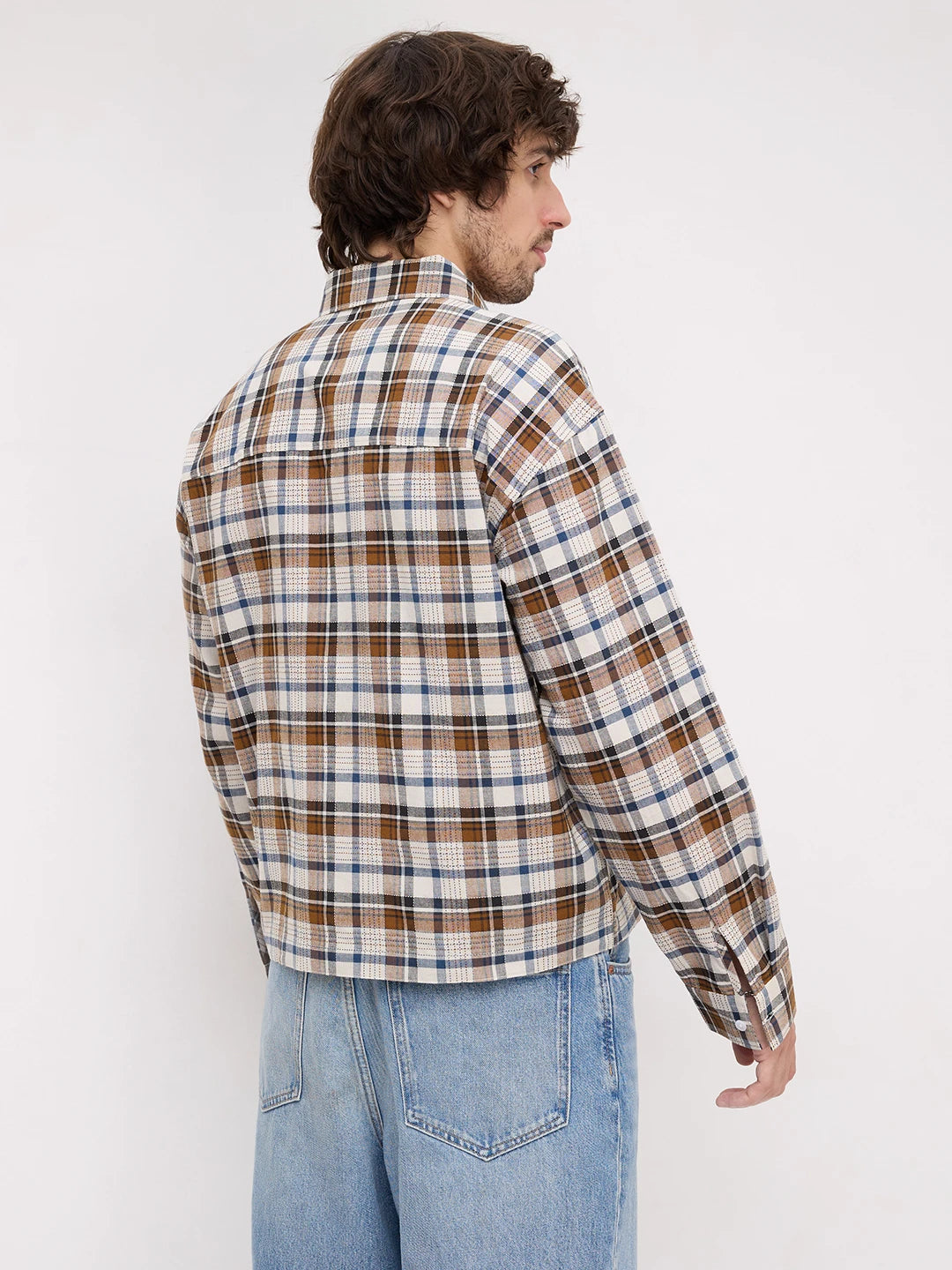 Rustic Artisan Thread-work Grid Checks Loop Button Oversized Shirt