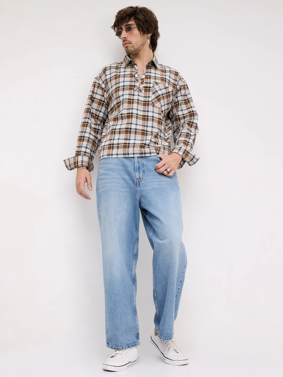 Rustic Artisan Thread-work Grid Checks Loop Button Oversized Shirt