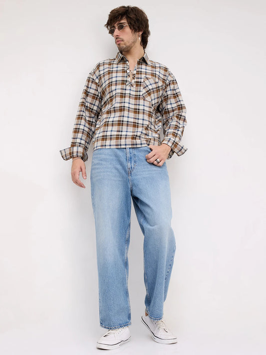 Rustic Artisan Thread-work Grid Checks Loop Button Oversized Shirt