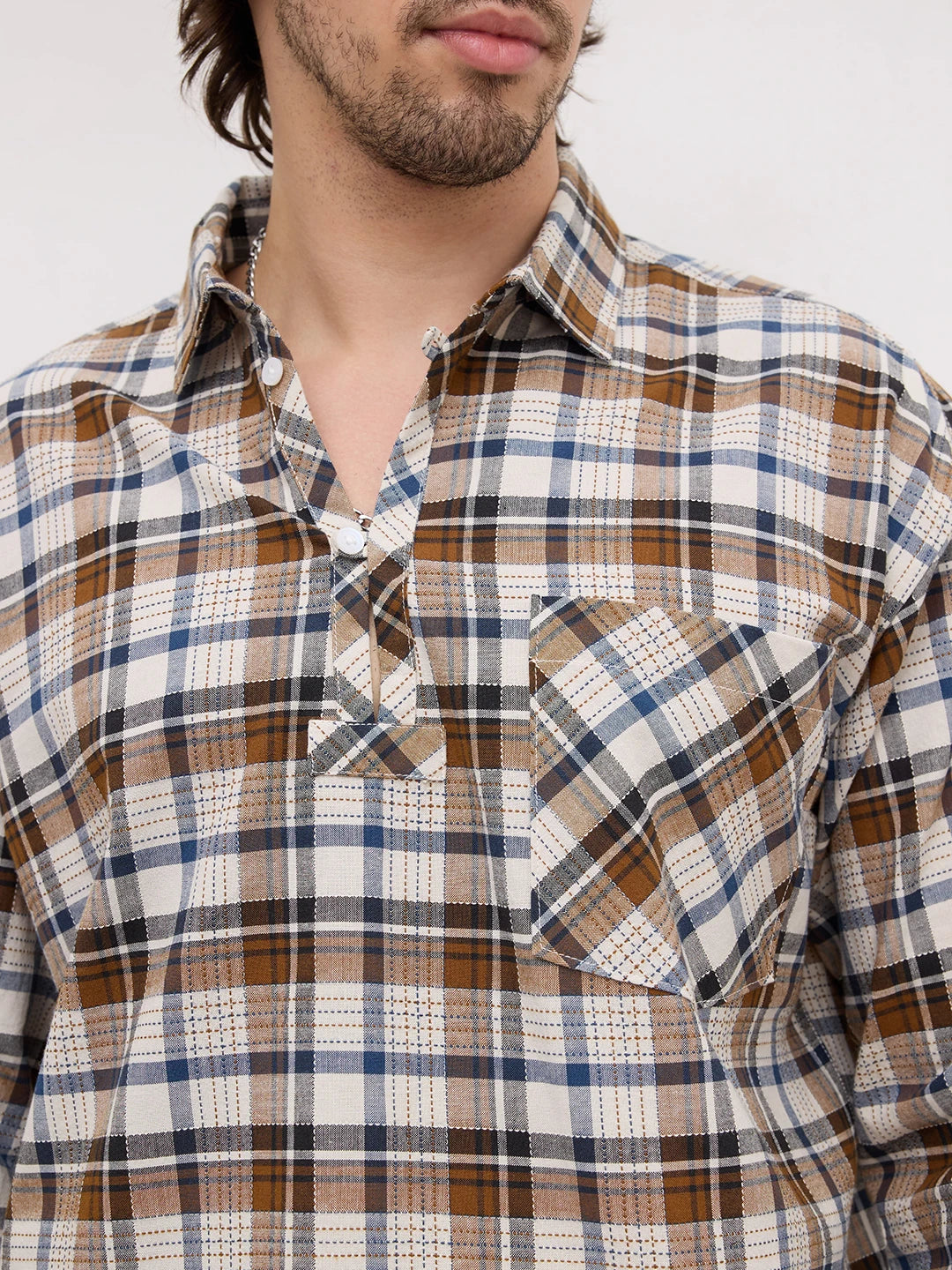 Rustic Artisan Thread-work Grid Checks Loop Button Oversized Shirt