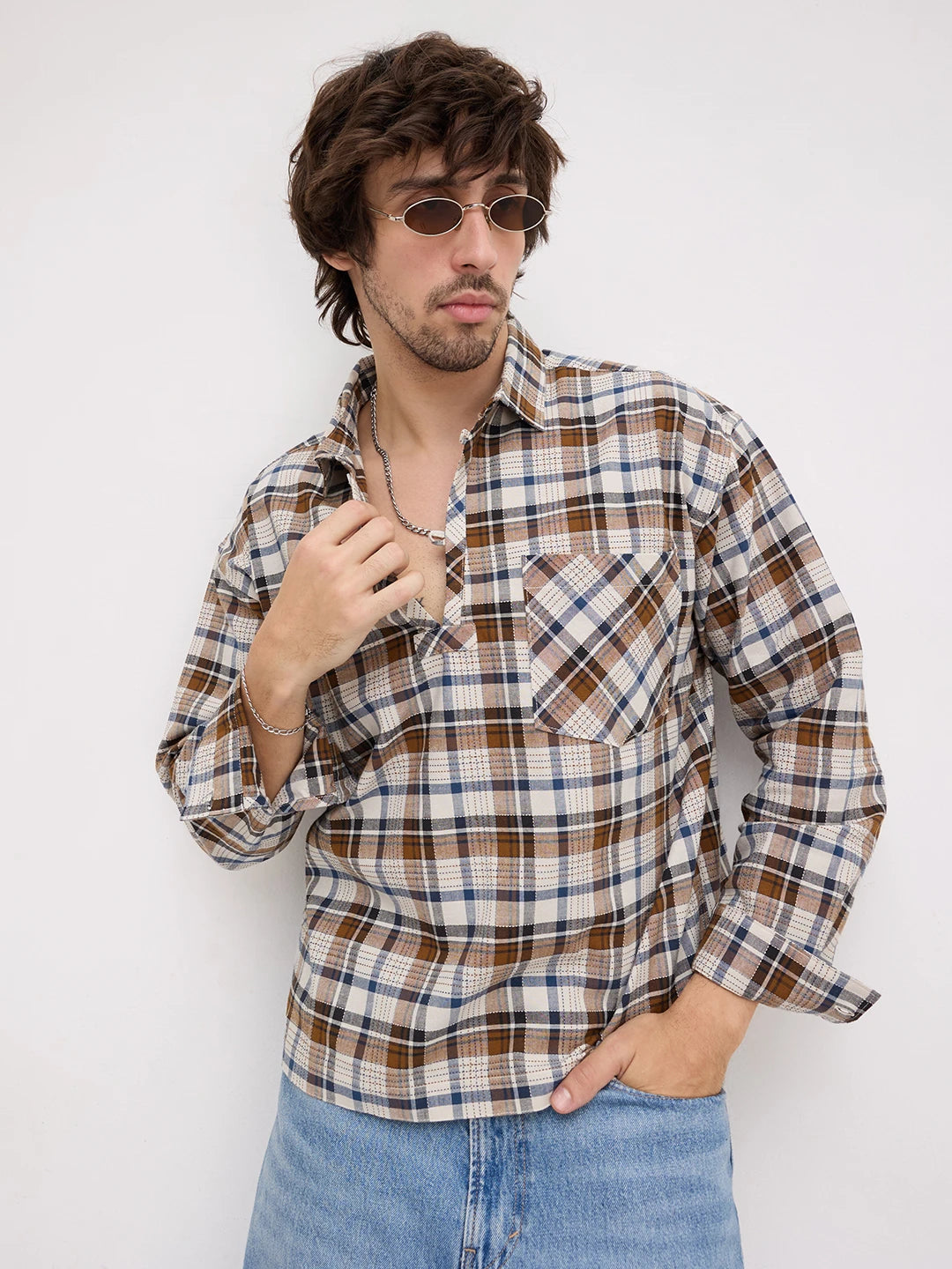 Rustic Artisan Thread-work Grid Checks Loop Button Oversized Shirt