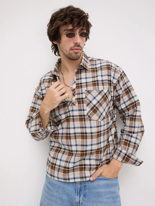 Rustic Artisan Thread-work Grid Checks Loop Button Oversized Shirt