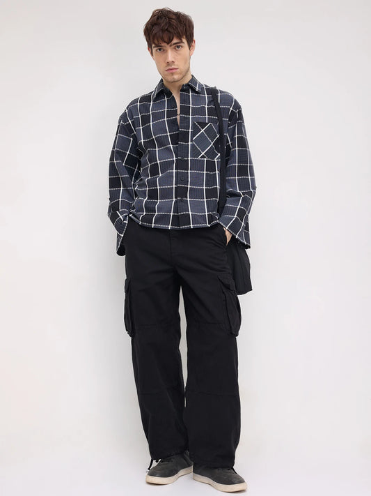 Refined Monochrome Plaid Textured Cuffless Oversized Crop Shirt