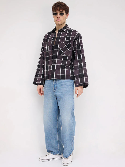 Artisan Esspresso Brown Square Checks Cuffless Oversized Crop Shirt