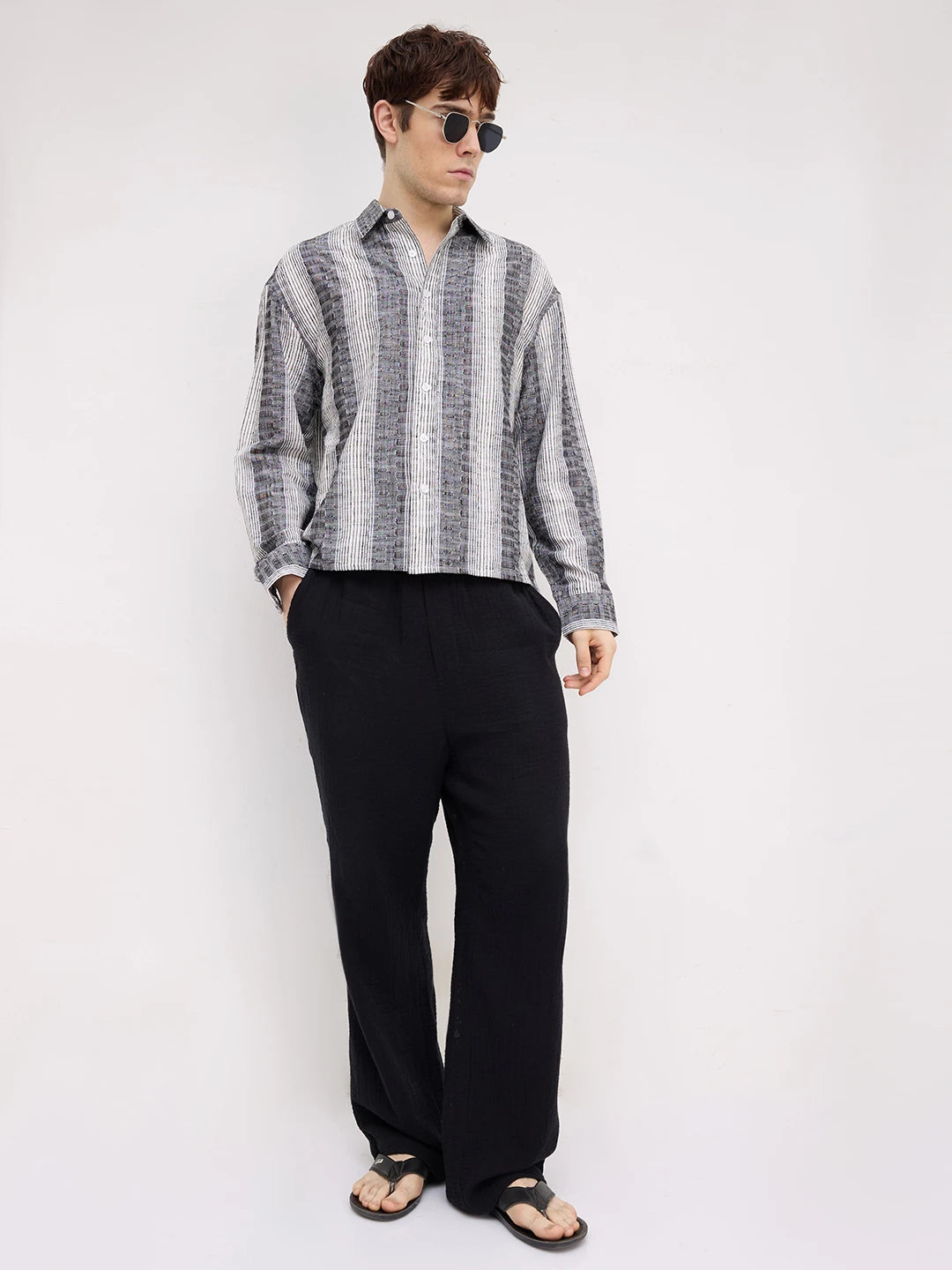 Intricate Charcoal Grey Striped Boxy Fit Crop Shirt