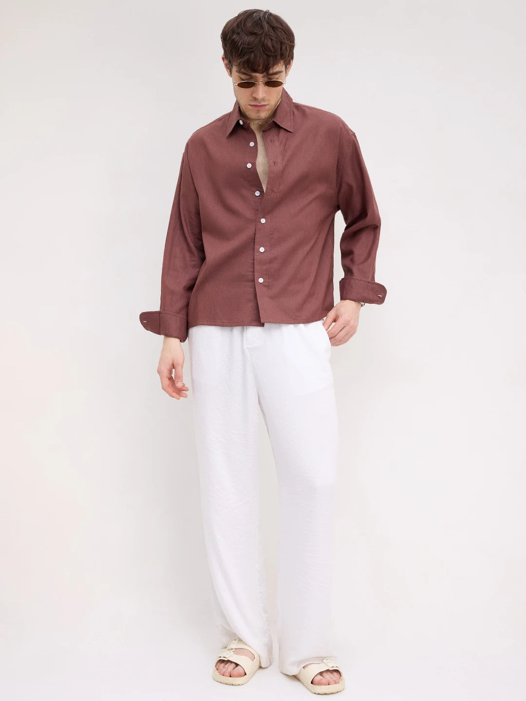 Brown Fine Textured Boxy Fit Crop Shirt