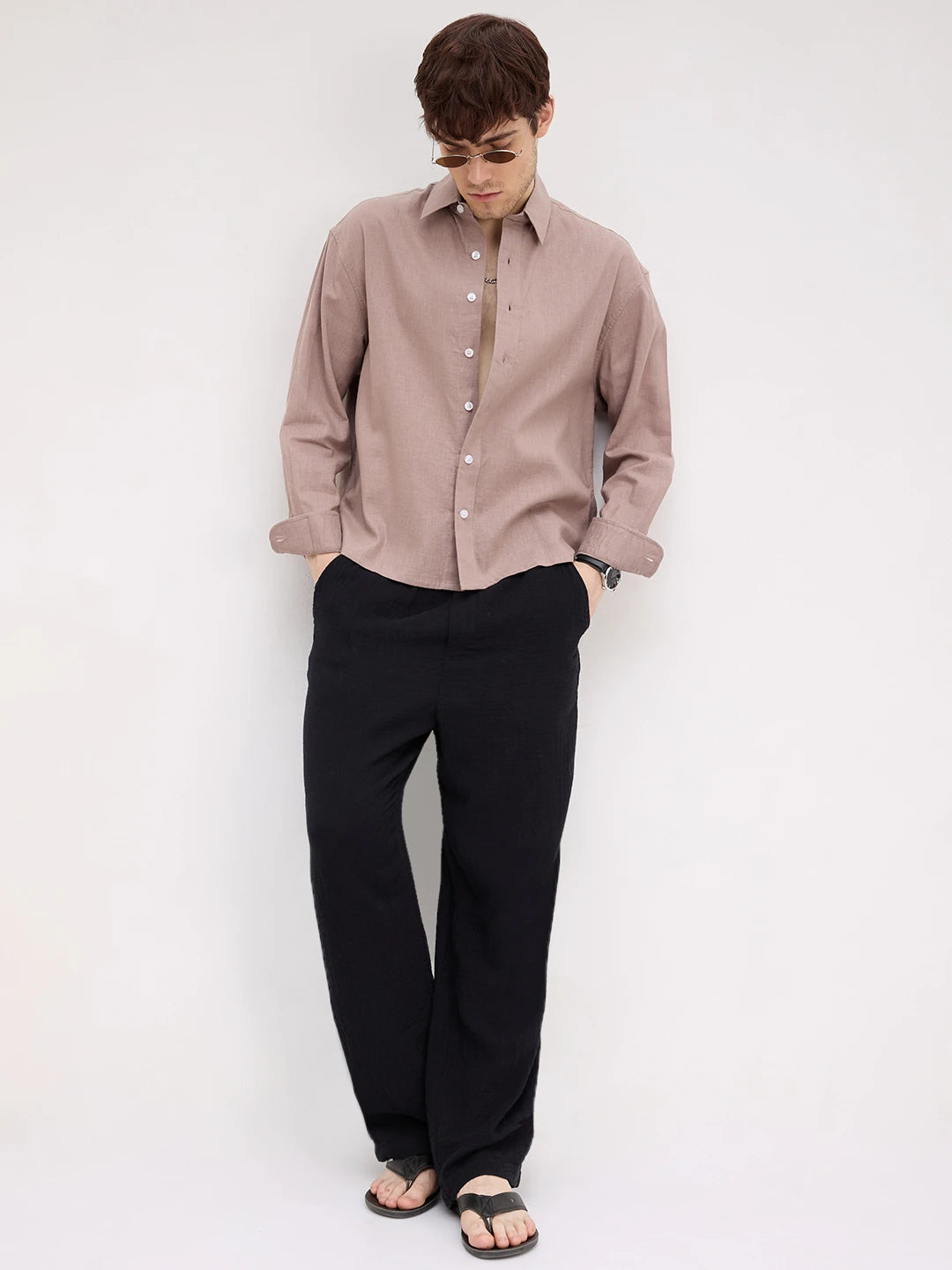 Classic Soft Khaki Fine Textured Boxy Fit Crop Shirt