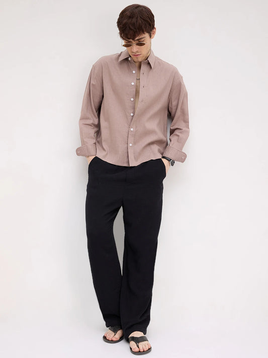 Classic Soft Khaki Fine Textured Boxy Fit Crop Shirt