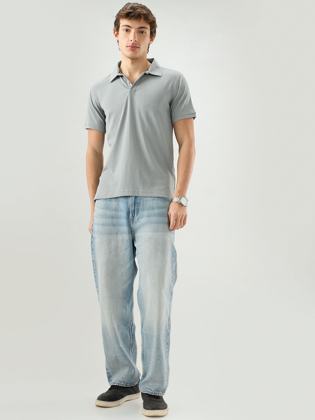 Refined Grey Hairline Striped Polo Knit T-Shirt