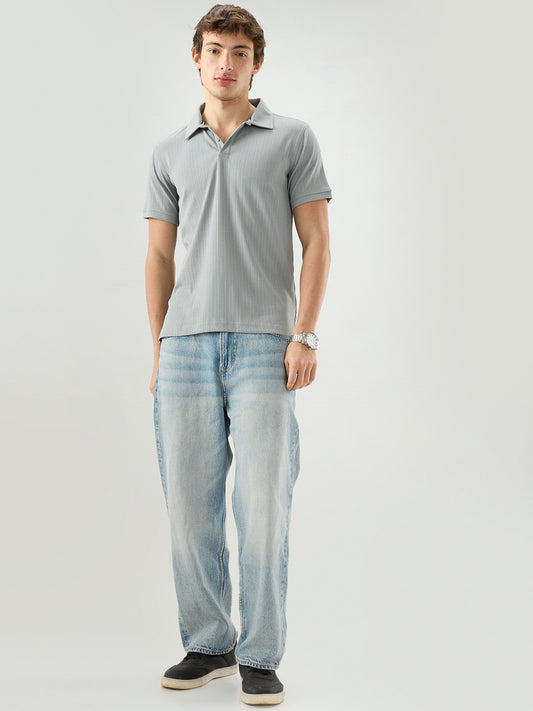 Refined Grey Hairline Striped Polo Knit T-Shirt