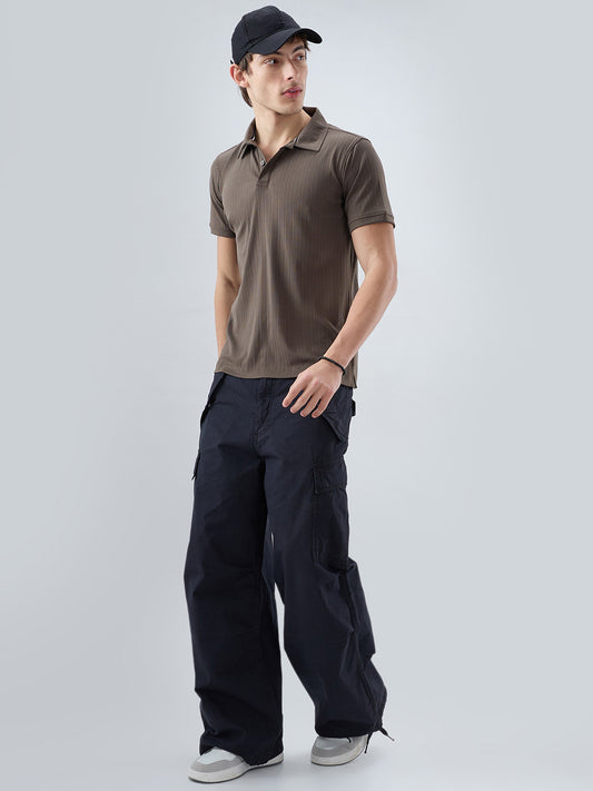 Refined Espresso Brown Hairline Striped Polo Knit T-Shirt