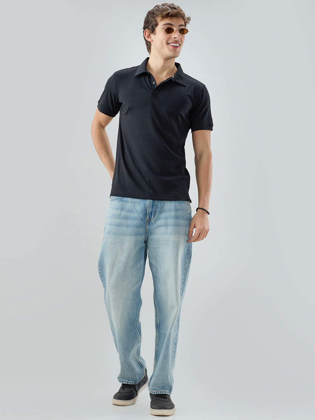 Refined Black Hairline Striped Polo Knit T-Shirt