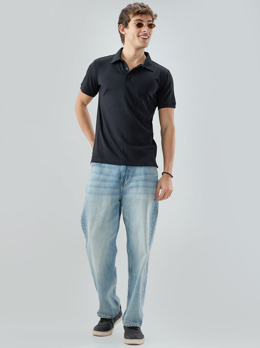 Refined Black Hairline Striped Polo Knit T-Shirt