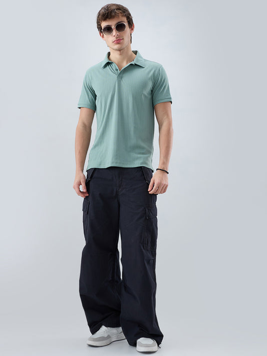 Refined Jungle Green Hairline Striped Polo Knit T-Shirt