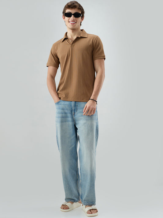 Refined Brown Hairline Striped Polo Knit T-Shirt