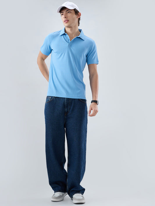 Refined Blue Hairline Striped Polo Knit T-Shirt