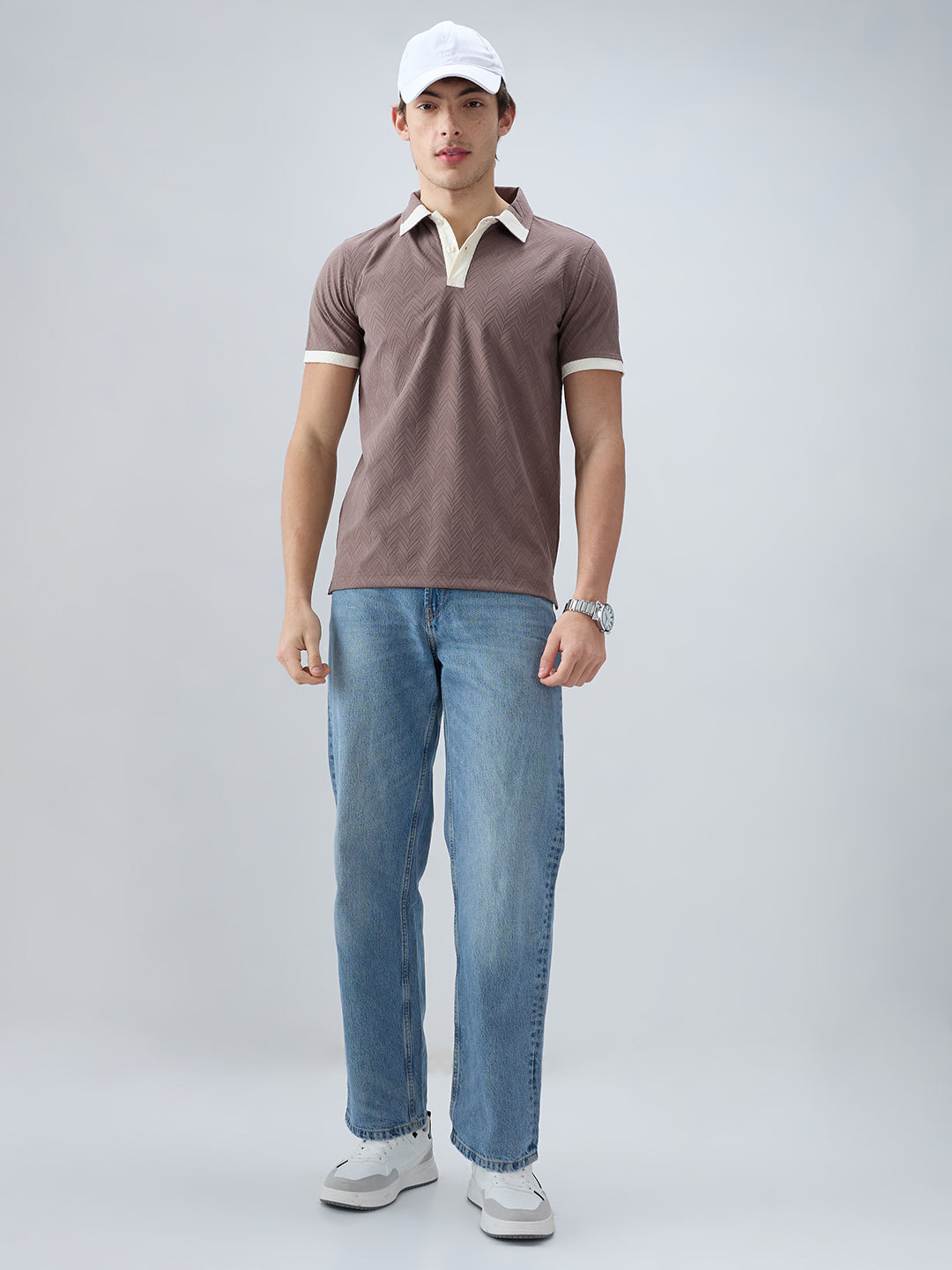 Liver Brown Chevron Contrast Polo Neck T-shirt