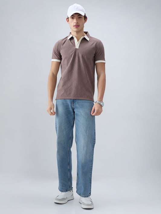 Liver Brown Chevron Contrast Polo Neck T-shirt