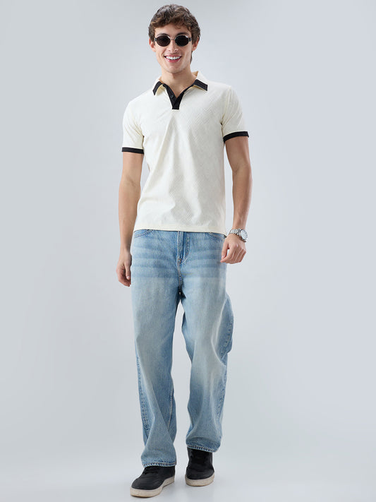 Chalk-White Chevron Contrast Polo Neck Knit T-shirt